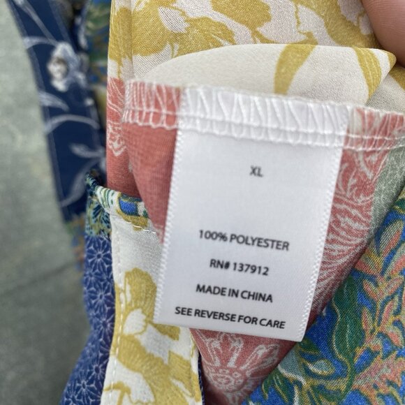 Bunulu Women's XL Mixed Print Boho Peasant Smocked Beaded Tie Front Blouse Sheer - Picture 5 of 13